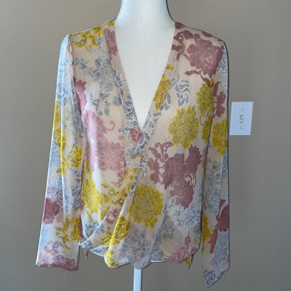 WAYF Pink/Yellow Semi-Sheer Wrap Blouse, High Low, Size Medium, NWT
